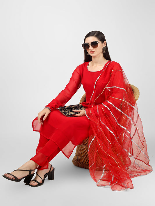 Red Georgette Kurta Pant and Net Dupatta Set with Heavy Lace Detailing