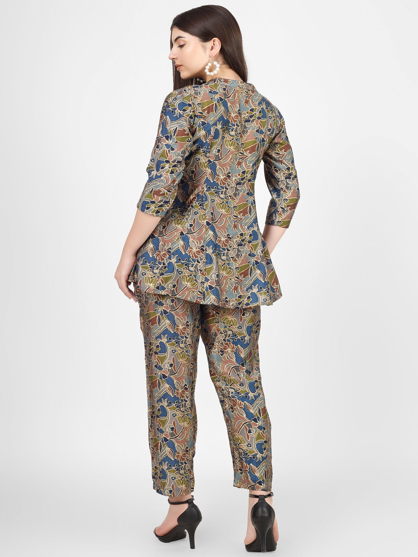 Blue Floral Printed Chanderi Silk Top and Pant Co-ord Set
