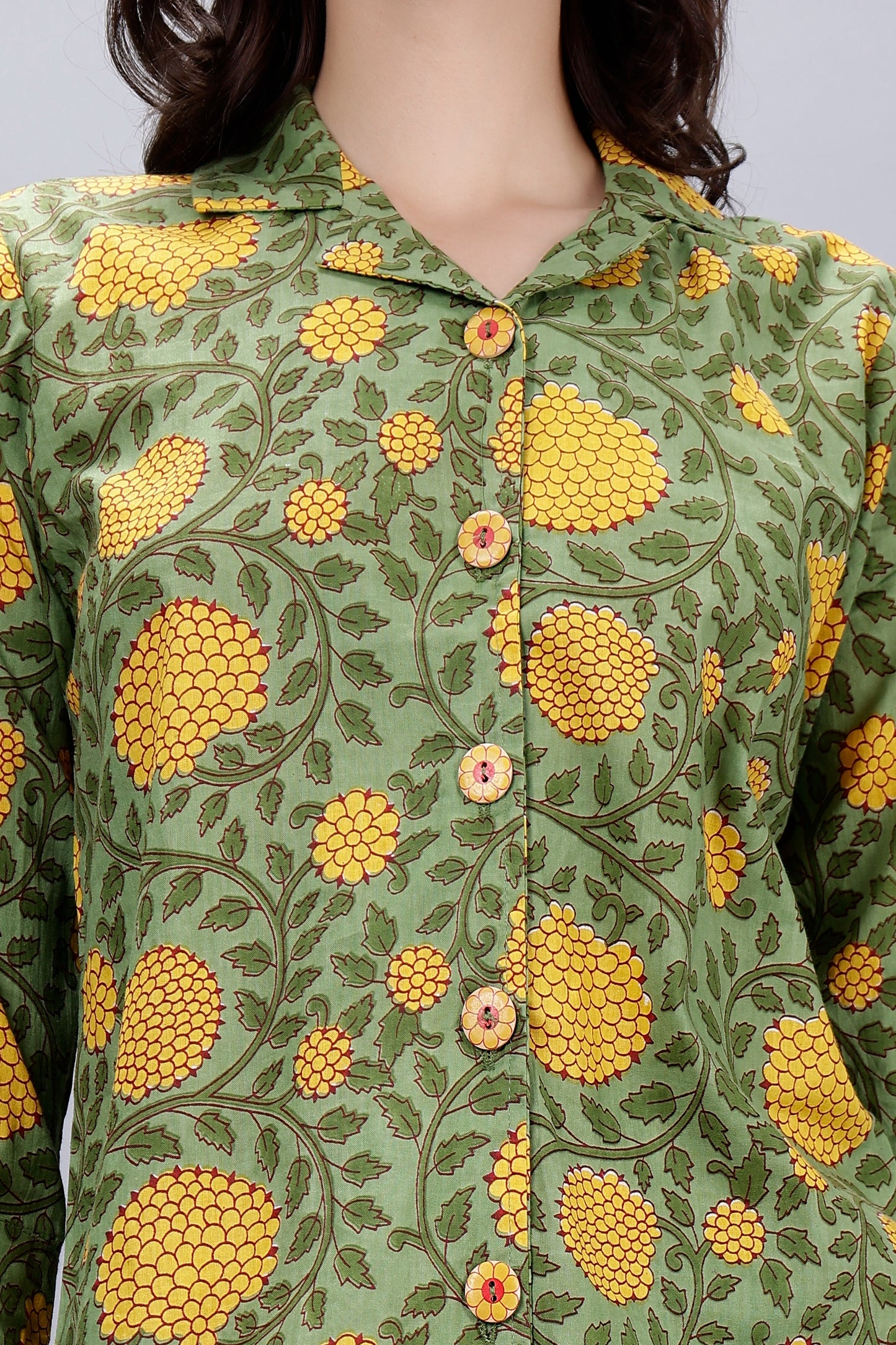 Green Ethnic Motifs Printed Cotton Shirt and Pajama Nightsuit Set