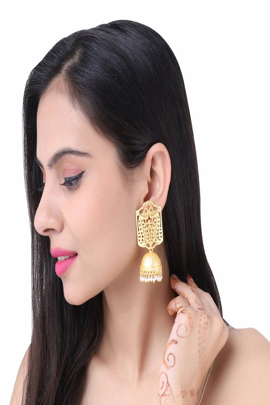 Brass Metal Matte Finish Golden Jhumka Earrings