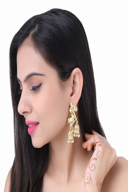 Brass Metal Golden Bird Design Jhumka Earrings