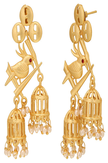 Brass Metal Golden Bird Design Jhumka Earrings