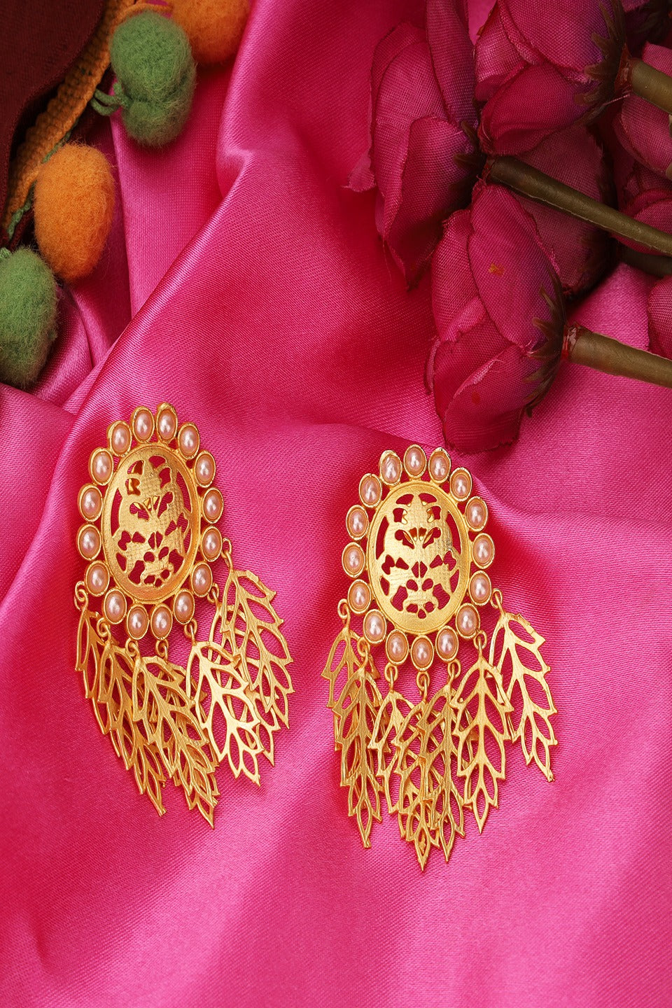Brass Metal Golden Floral Design Drop Earrings