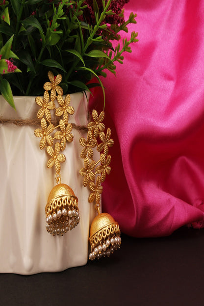 Golden Floral Design Brass Metal Jhumka Earrings