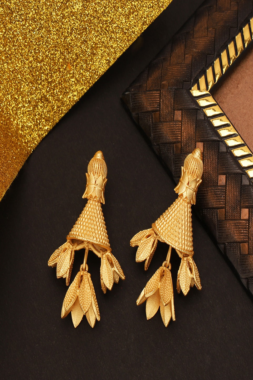 Golden Leaf Design Drop Earrings