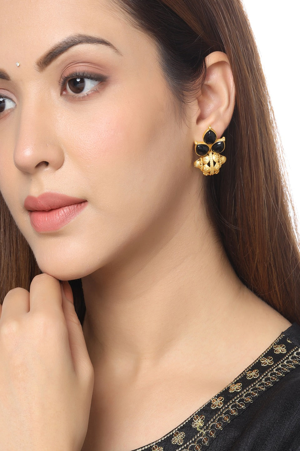 Women Brass Metal Artificial Stone Stud Earrings