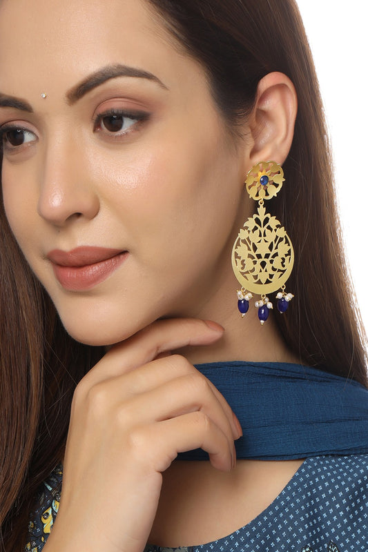 Women Brass Metal Floral Design Drop Earrings