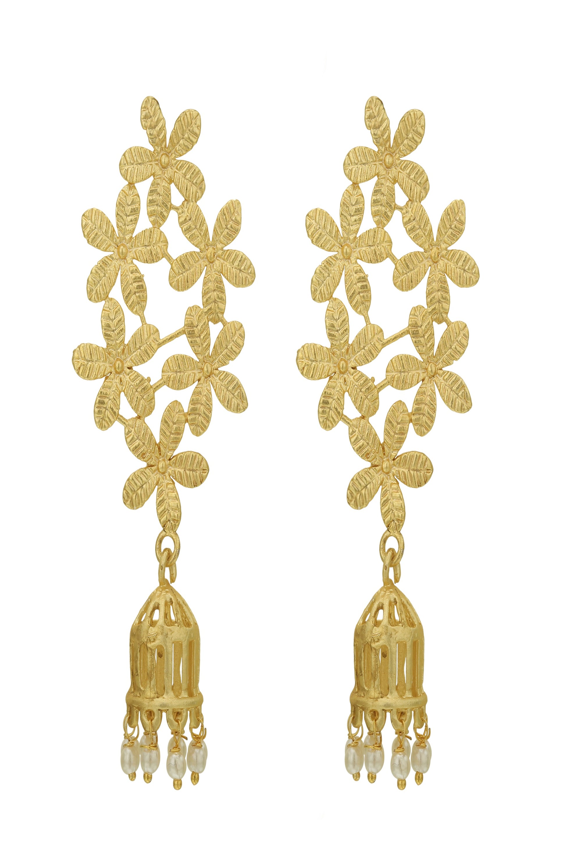 Brass Metal Golden Matte Finish Pearl Jhumka Earrings