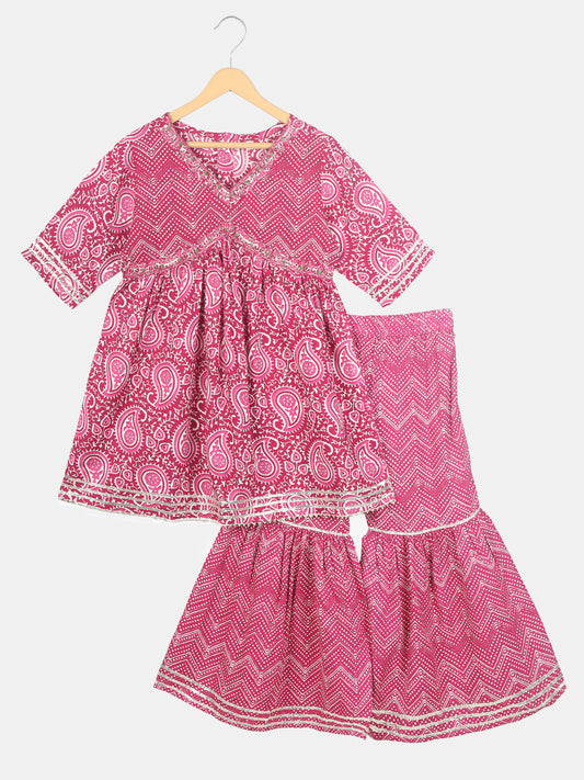 Girls Ethnic Pink Paisley Printed Rayon Kurta and Sharara Set