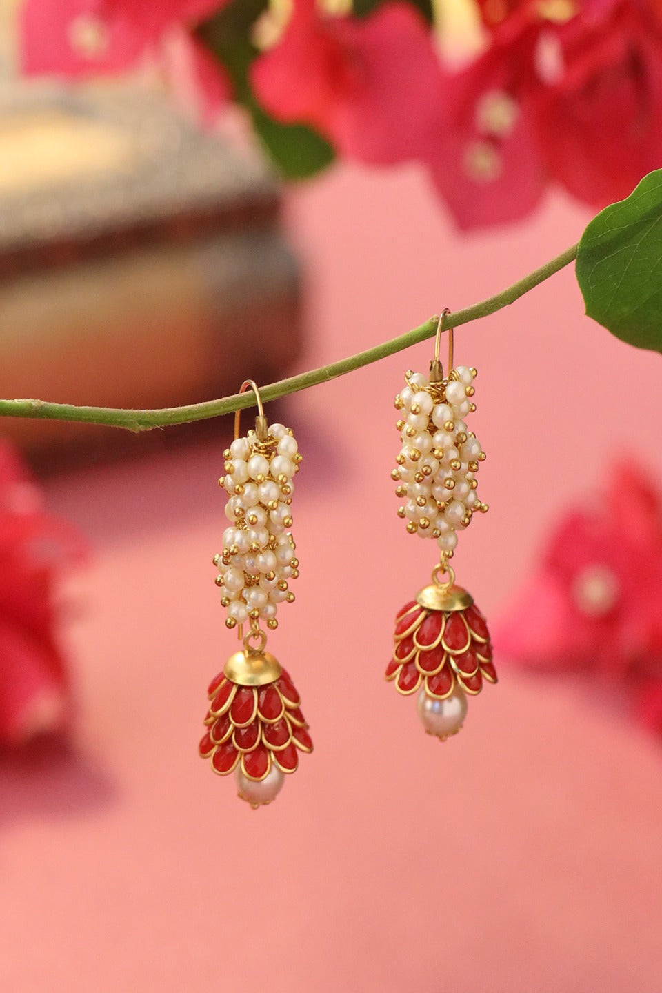 Elegant Drop & Danglers Earrings With Bunch Puwai Of Pearls