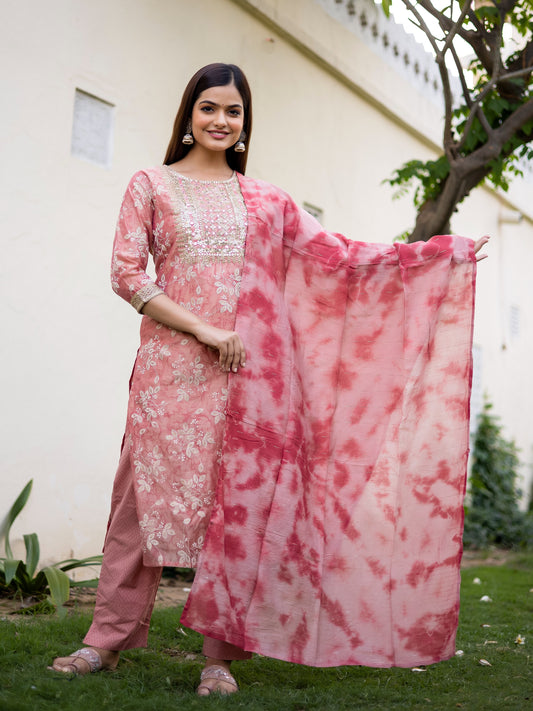 Pink Chanderi Floral Printed Kurta Pant and Dupatta set