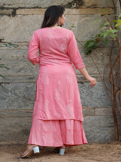 Silver Printed Pink Kurta with Kantha Handwork and Sharara set