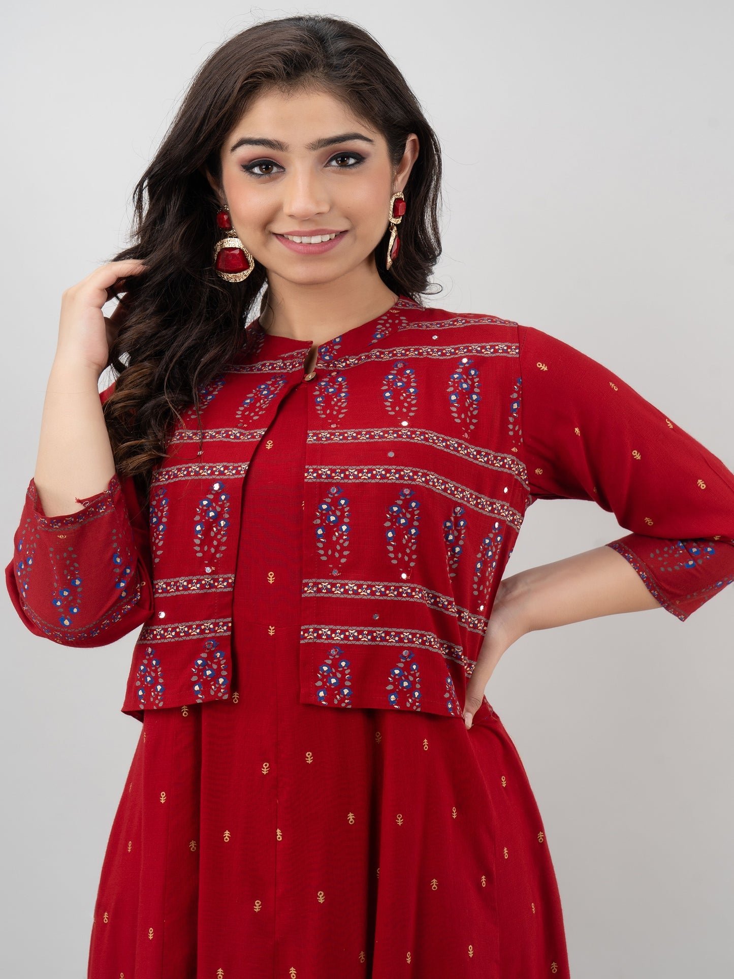 Red Printed Anarkali Kurta with Detachable Jacket