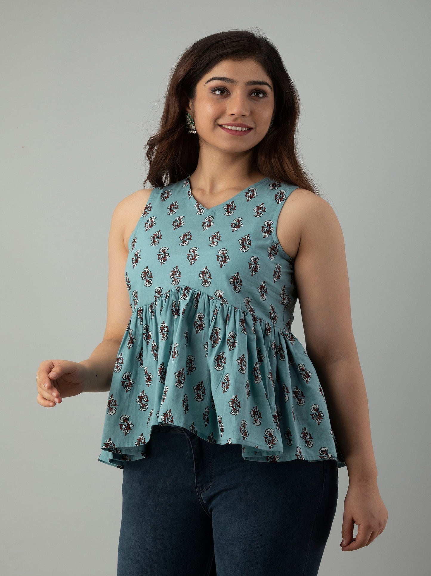 Skyblue Floral Printed Rayon Flared Top