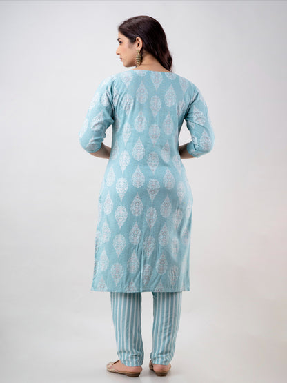 Skyblue Floral Printed Kurta and Pant Set with Embroidery Work on Yoke