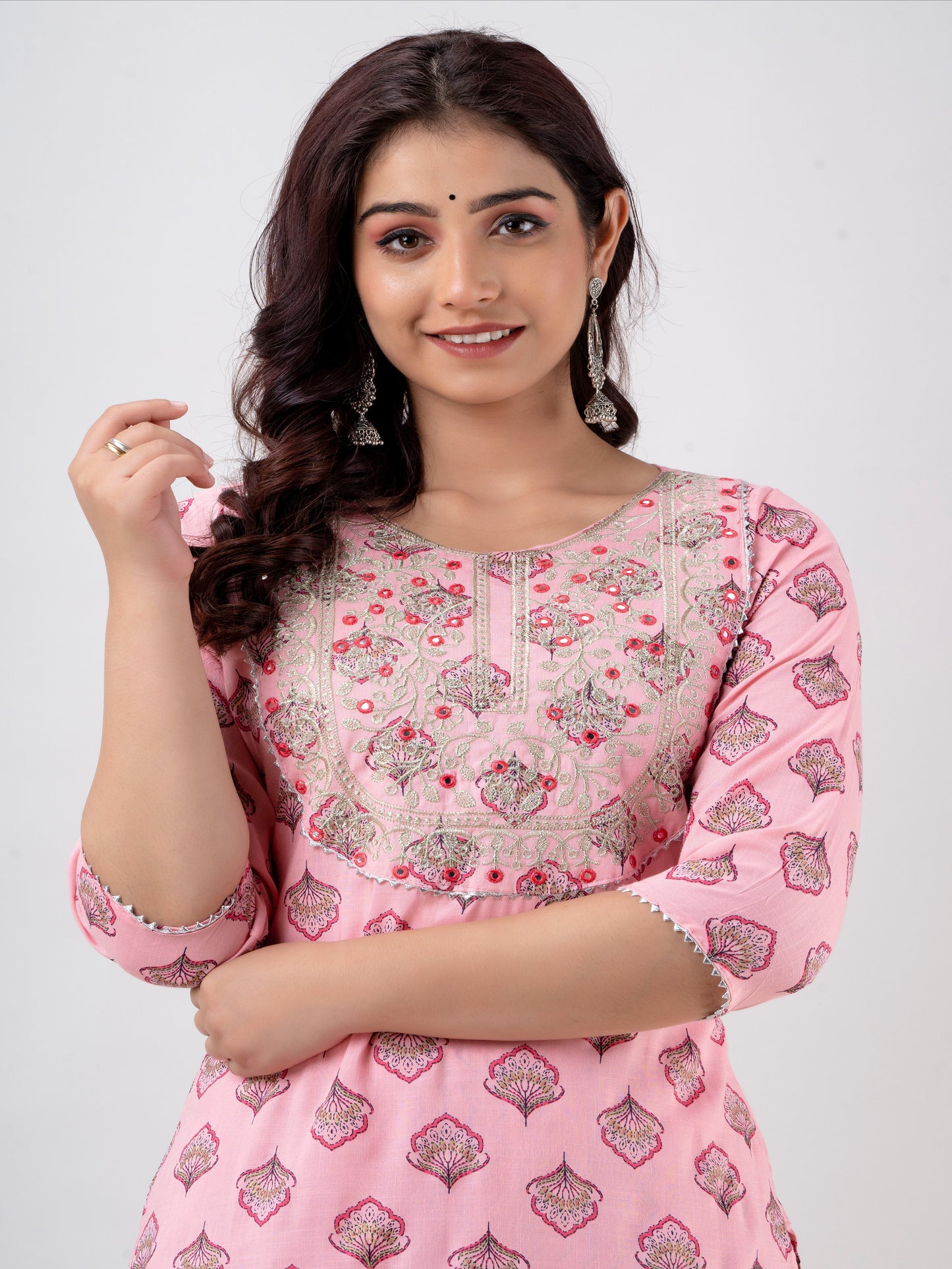 Pink Floral Printed Kurta and Pant Set with Embroidery Work on Yoke