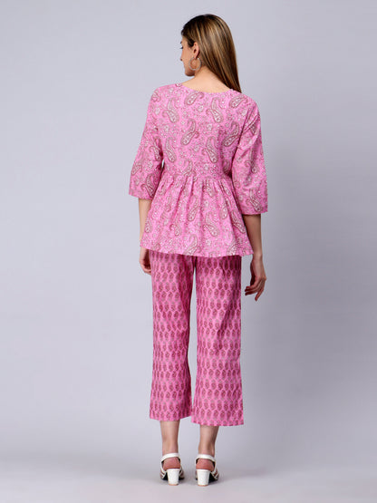 Pink Floral Printed Cotton Peplum Top and Pant Cord Set
