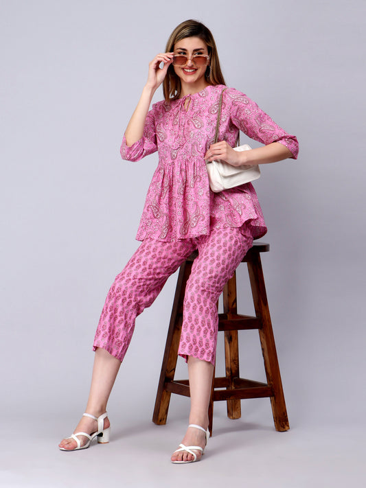 Pink Floral Printed Cotton Peplum Top and Pant Cord Set