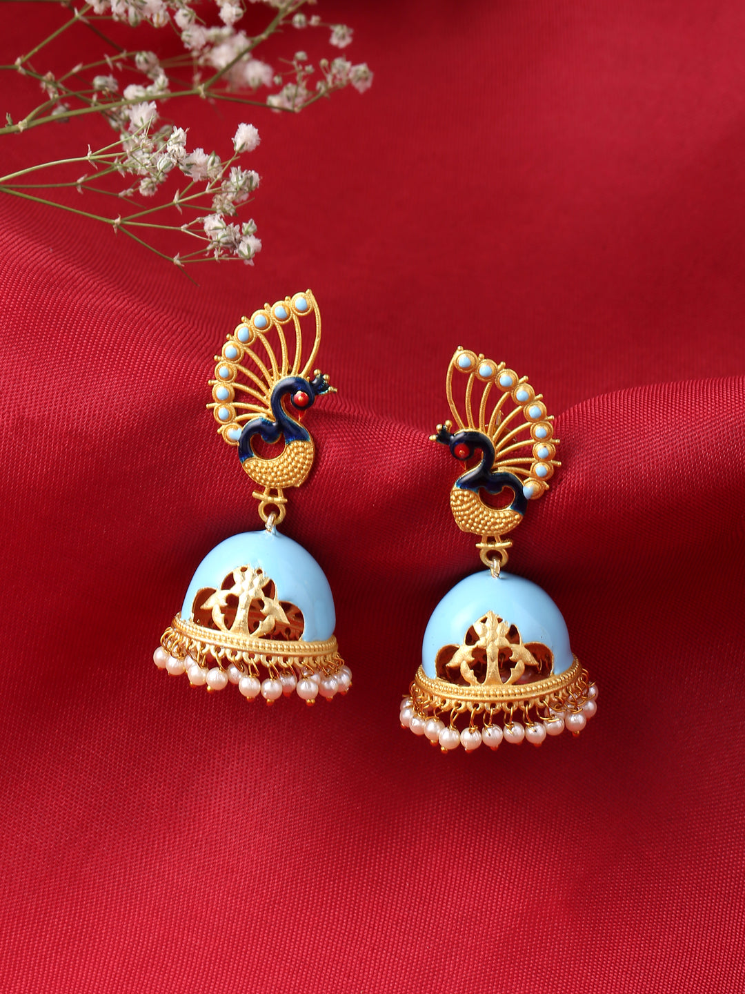 Blue Meenakari, Pearls, Lotus Design Jhumka Earrings
