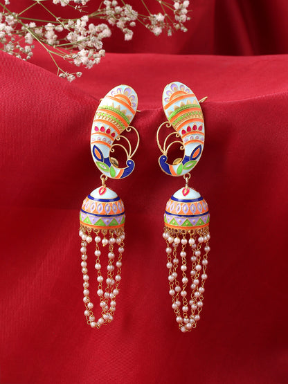 Sky Meenakari & Pearls, Peacock Design Jhumka Earrings