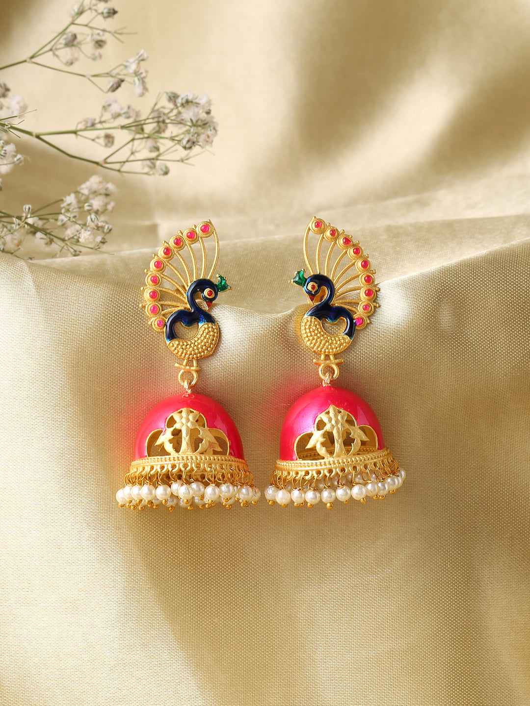 Pink Meenakari, Pearls, Lotus Design Jhumka Earrings