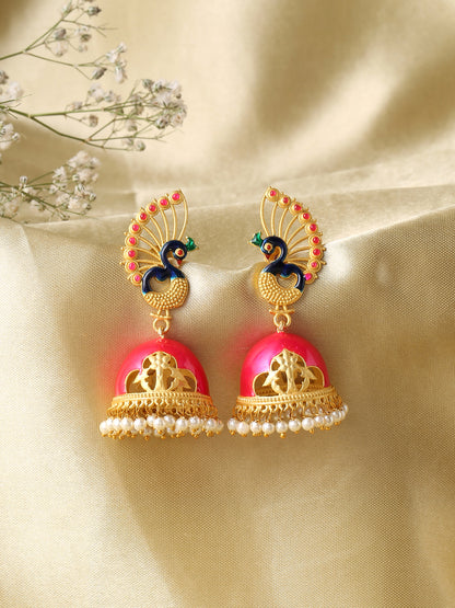 Pink Meenakari, Pearls, Lotus Design Jhumka Earrings
