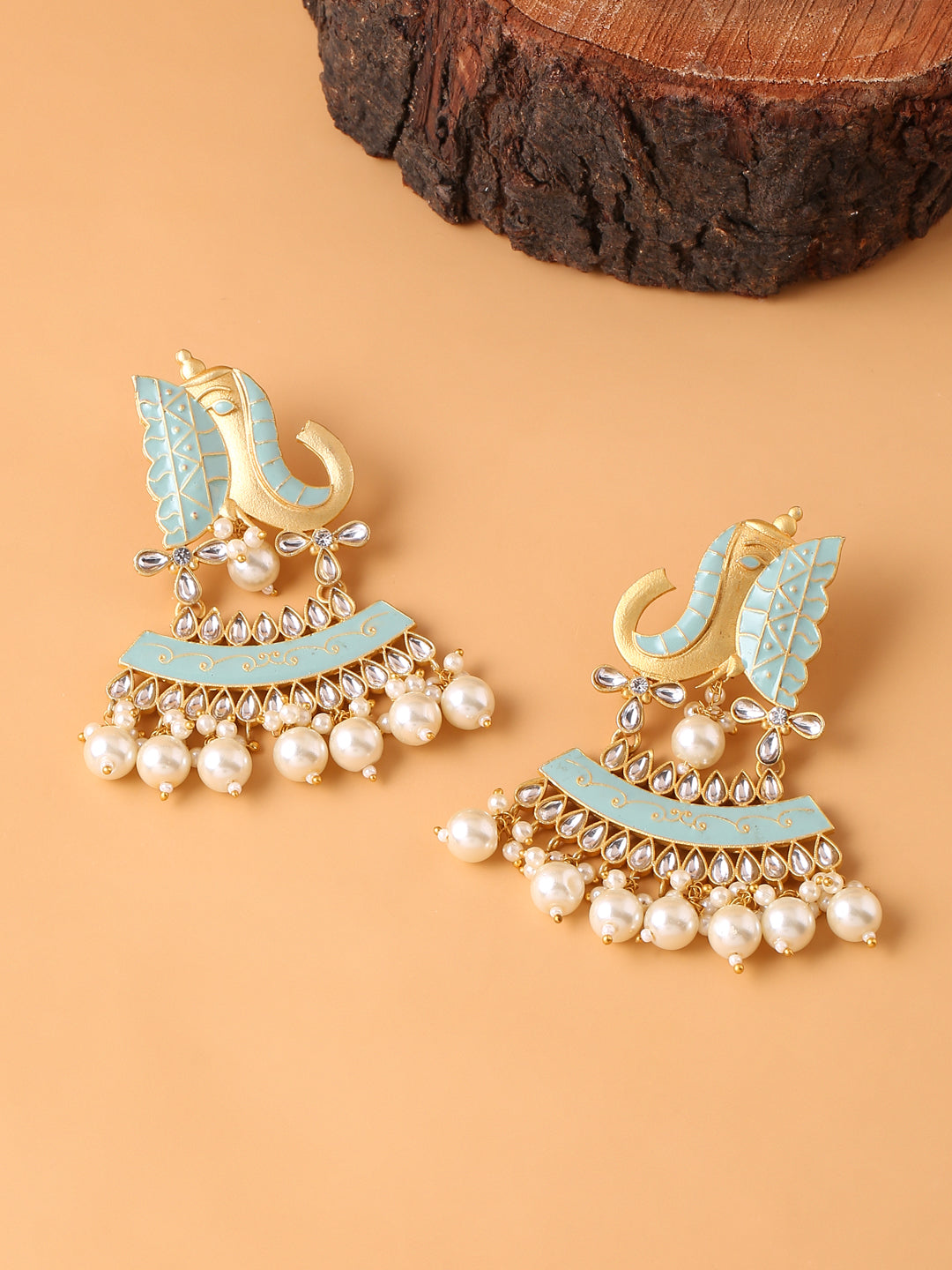 Seagreen Meenakari Kundan & Pearls, Elephant Design Jhumka Earrings