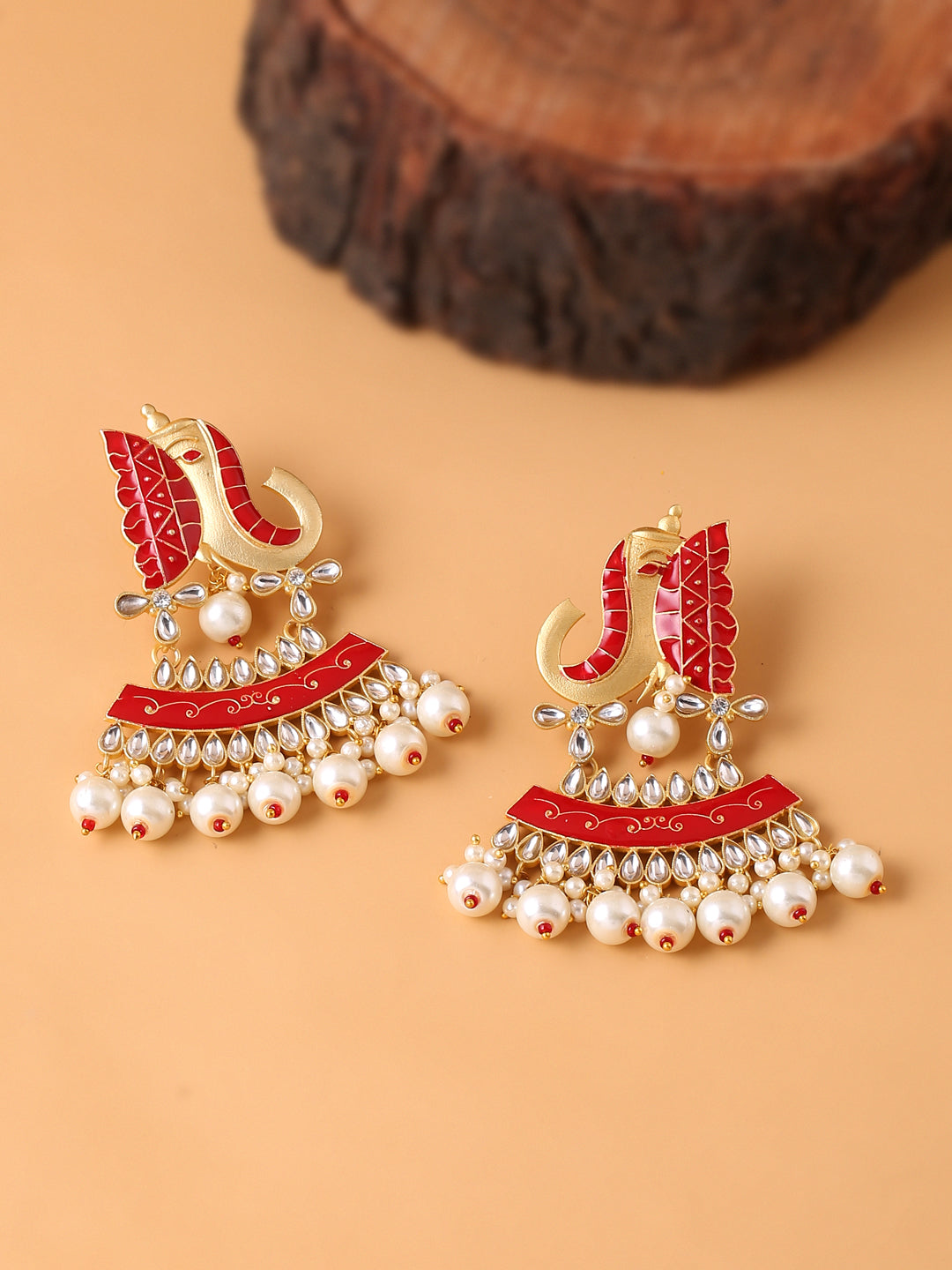 Red Meenakari Kundan & Pearls, Elephant Design Jhumka Earrings