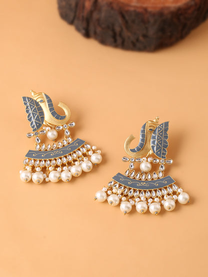 Grey Meenakari Kundan & Pearls, Elephant Design Jhumka Earrings