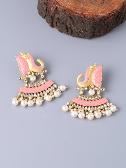 Pink Meenakari Kundan & Pearls, Elephant Design Jhumka Earrings