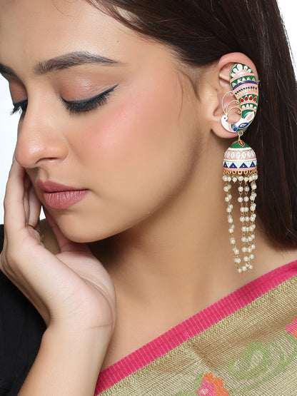 Green Meenakari & Pearls, Peacock Design Jhumka Earrings