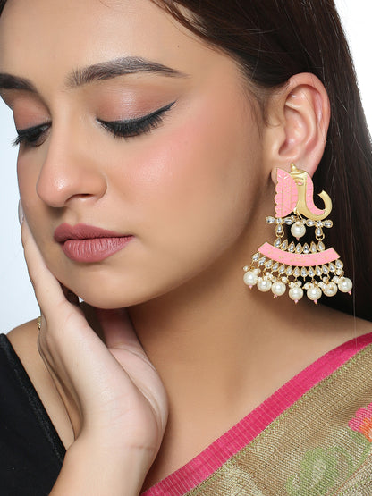 Pink Meenakari Kundan & Pearls, Elephant Design Jhumka Earrings