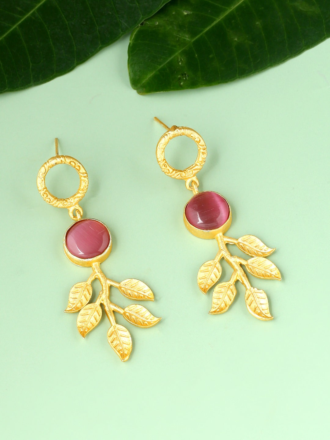 Fancy Pink Drop & Danglers Earrings With Crystal Stone
