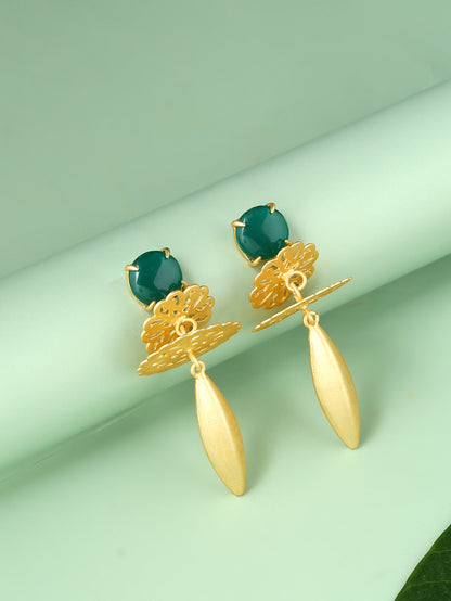 Classy Green Brass Metal Earrings With Crystal Stone