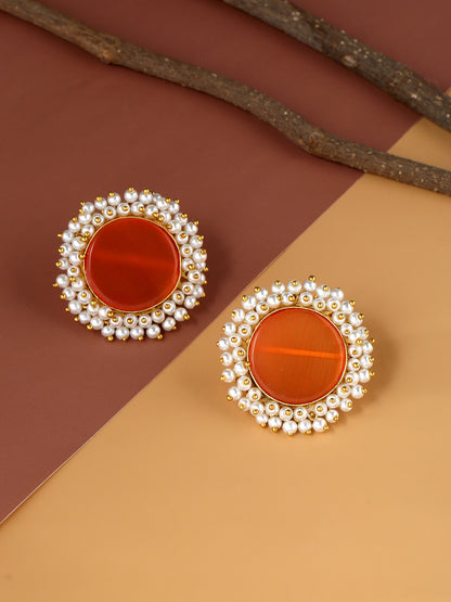Fashionable Orange Stud Earrings With Puwai Work