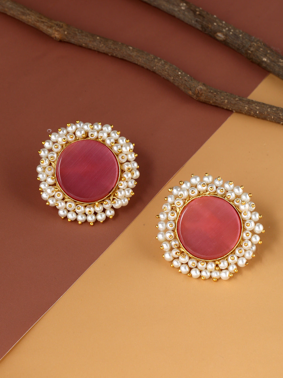 Fashionable Pink Stud Earrings With Puwai Work
