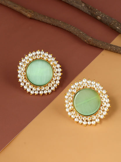 Fashionable Seagreen Stud Earrings with Puwai work