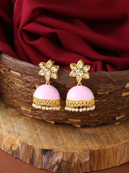 Gold Plated Traditional Pink Meenakari Kundan & Pearls Jhumka Earrings