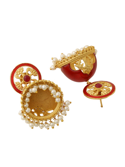 Gold Plated Traditional Maroon Meenakari & Pearls Jhumka Earrings