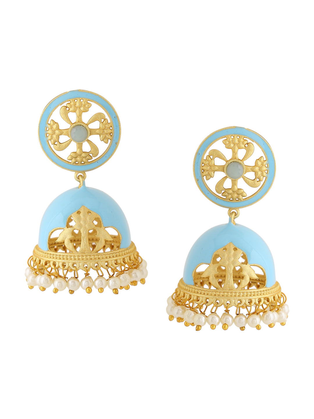 Gold Plated Traditional Blue Meenakari & Pearls Jhumka Earrings