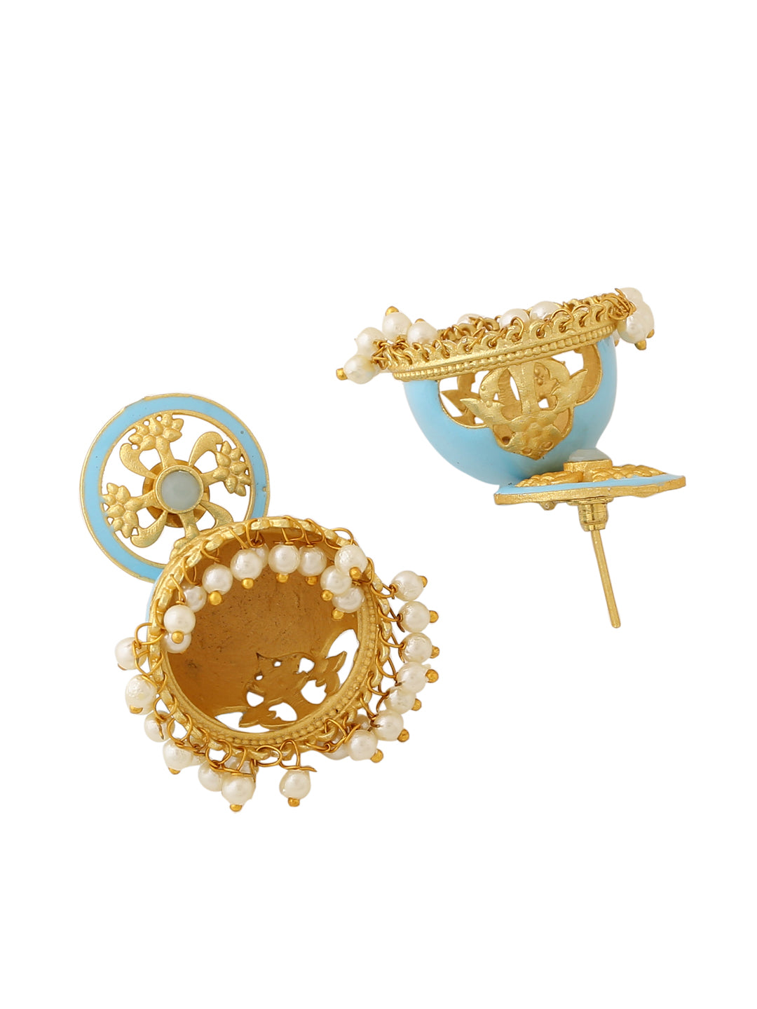 Gold Plated Traditional Blue Meenakari & Pearls Jhumka Earrings