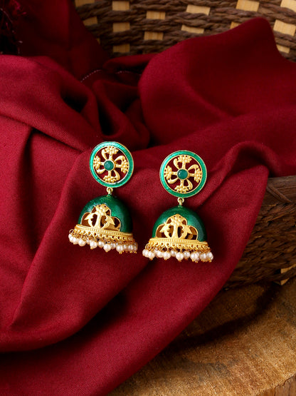 Gold Plated Traditional Green Meenakari & Pearls Jhumka Earrings
