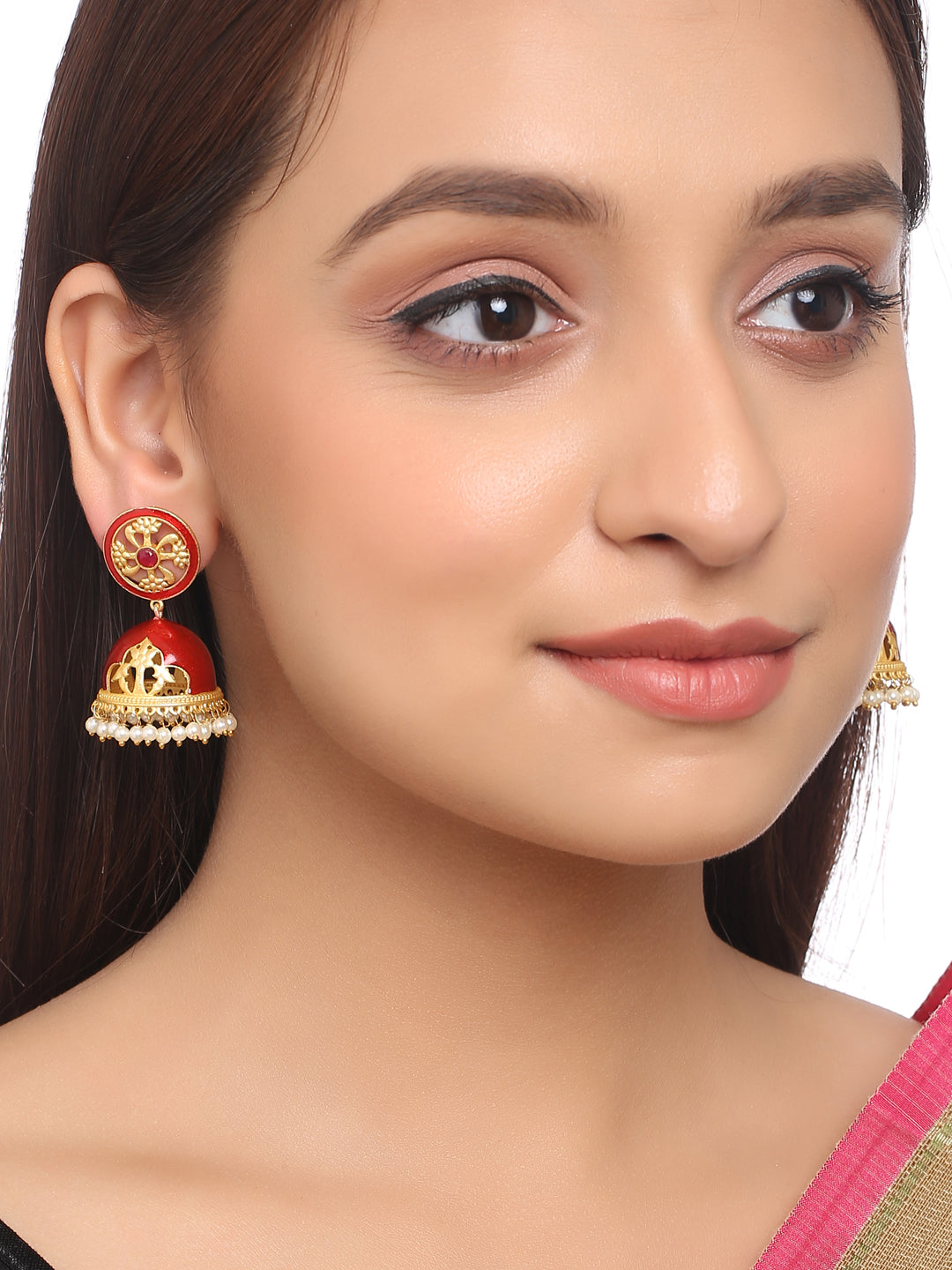 Gold Plated Traditional Maroon Meenakari & Pearls Jhumka Earrings