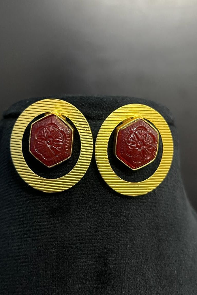 Brass Plated Stud Earrings with Carved Artificial Stone
