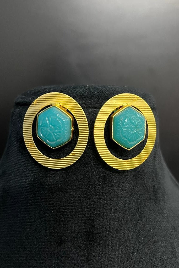 Brass Plated Stud Earrings with Carved Artificial Stone