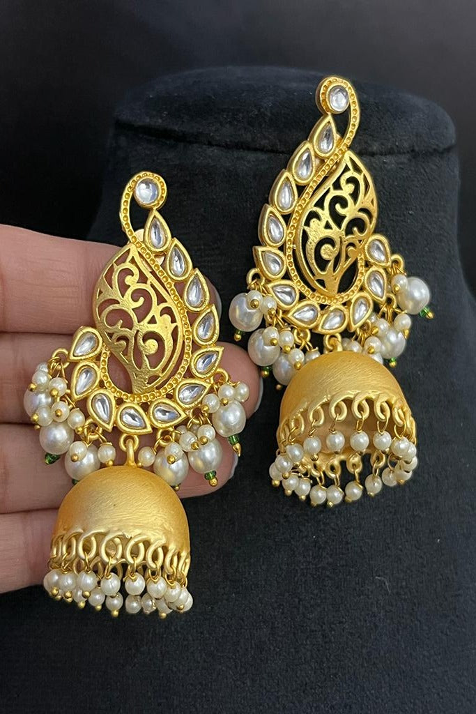 Golden Matte Finish Kundan Jhumka Earrings