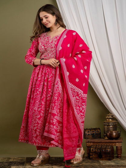 Red Motifs Printed Kurta and Pant set with Dupatta With Embroidery on Yoke