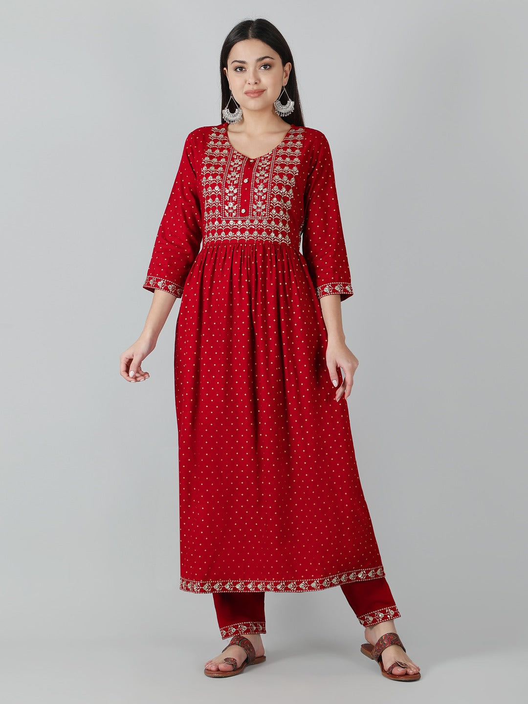 Red Motifs Printed Embroidered Kurta and Pant set with Dupatta