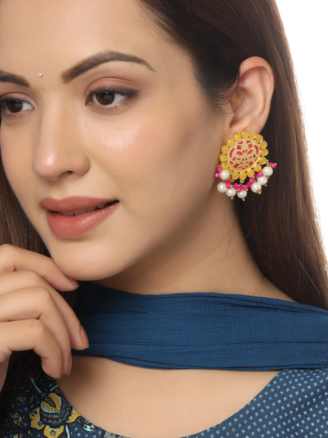 Ethnic Yellow Stud Earrings with Artificial Stones