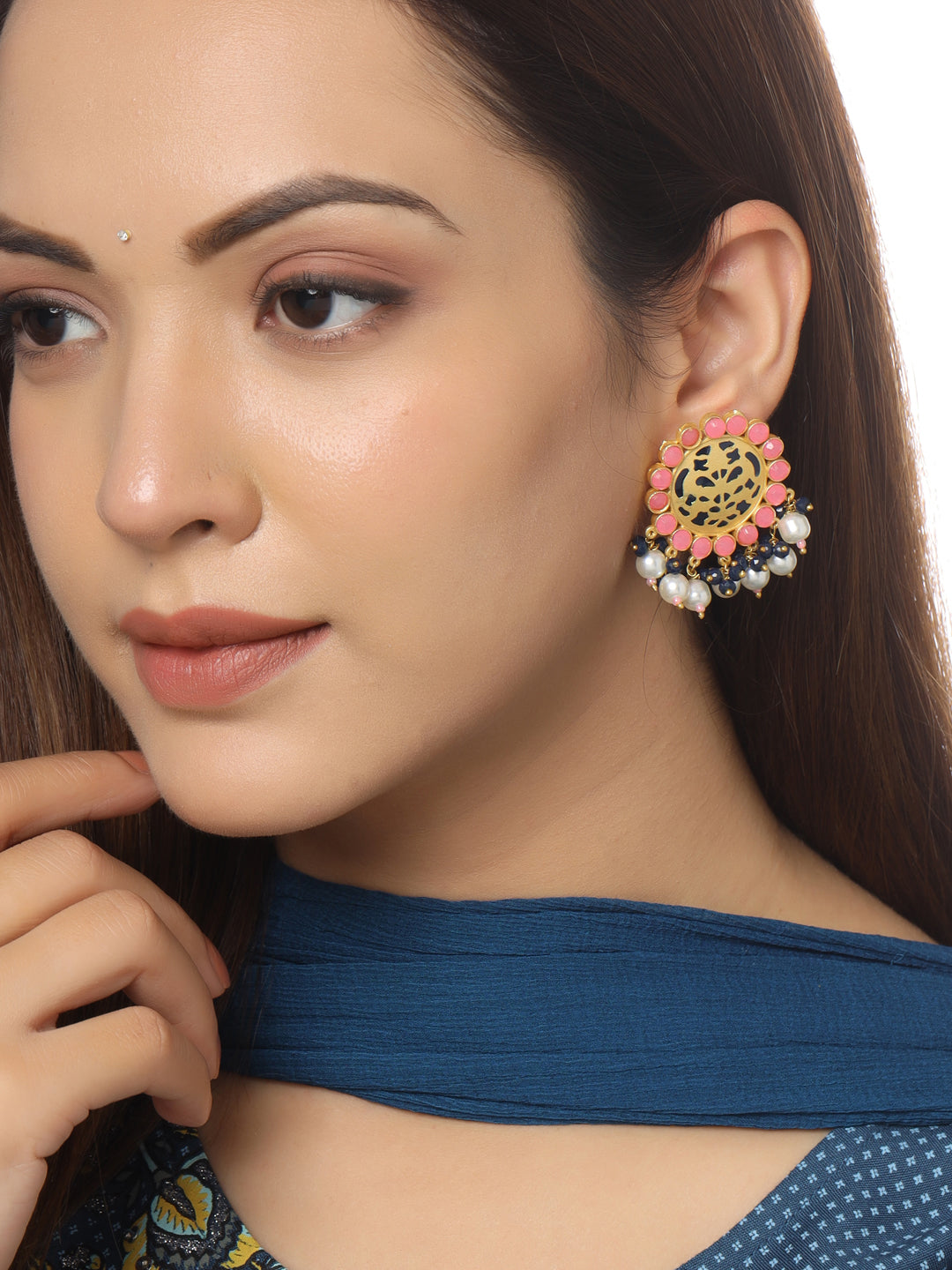 Ethnic Pink Stud Earrings with Artificial Stones